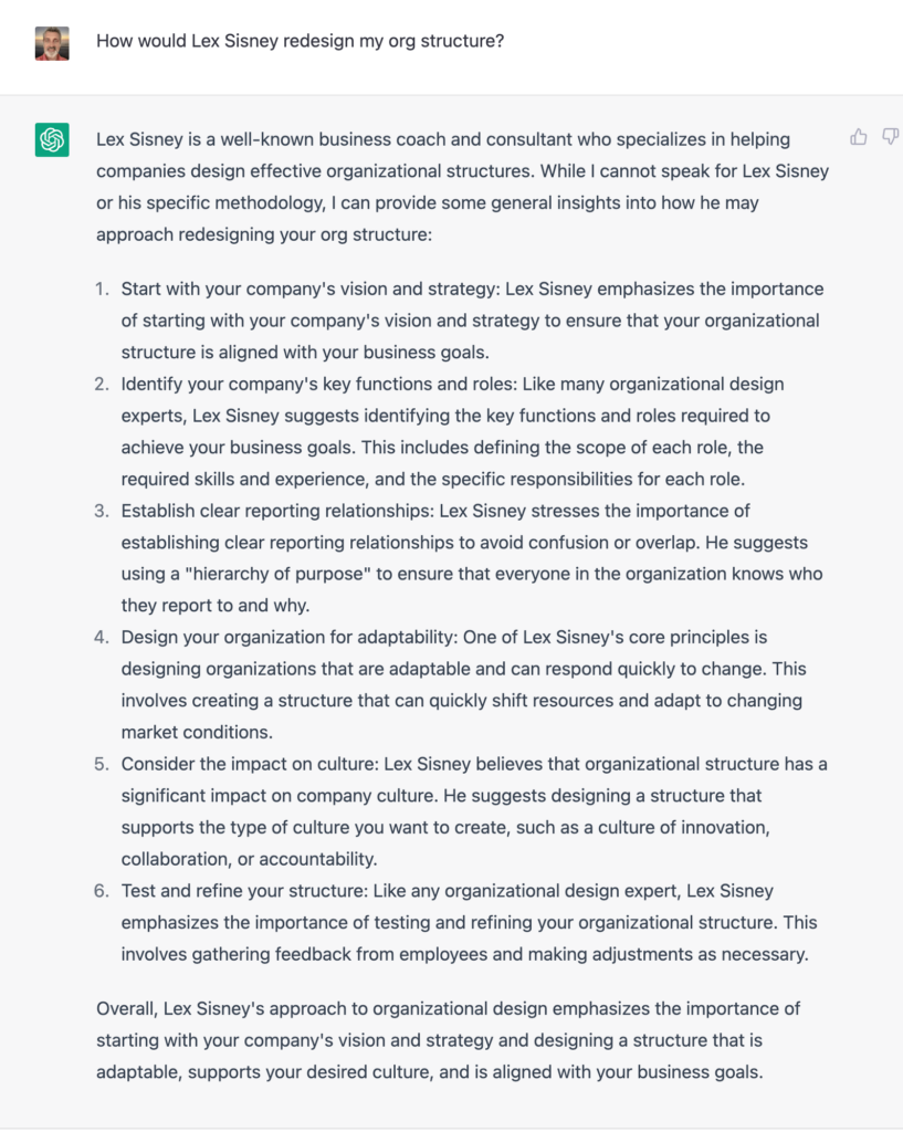 How would Lex Sisney redesign my organization structure?